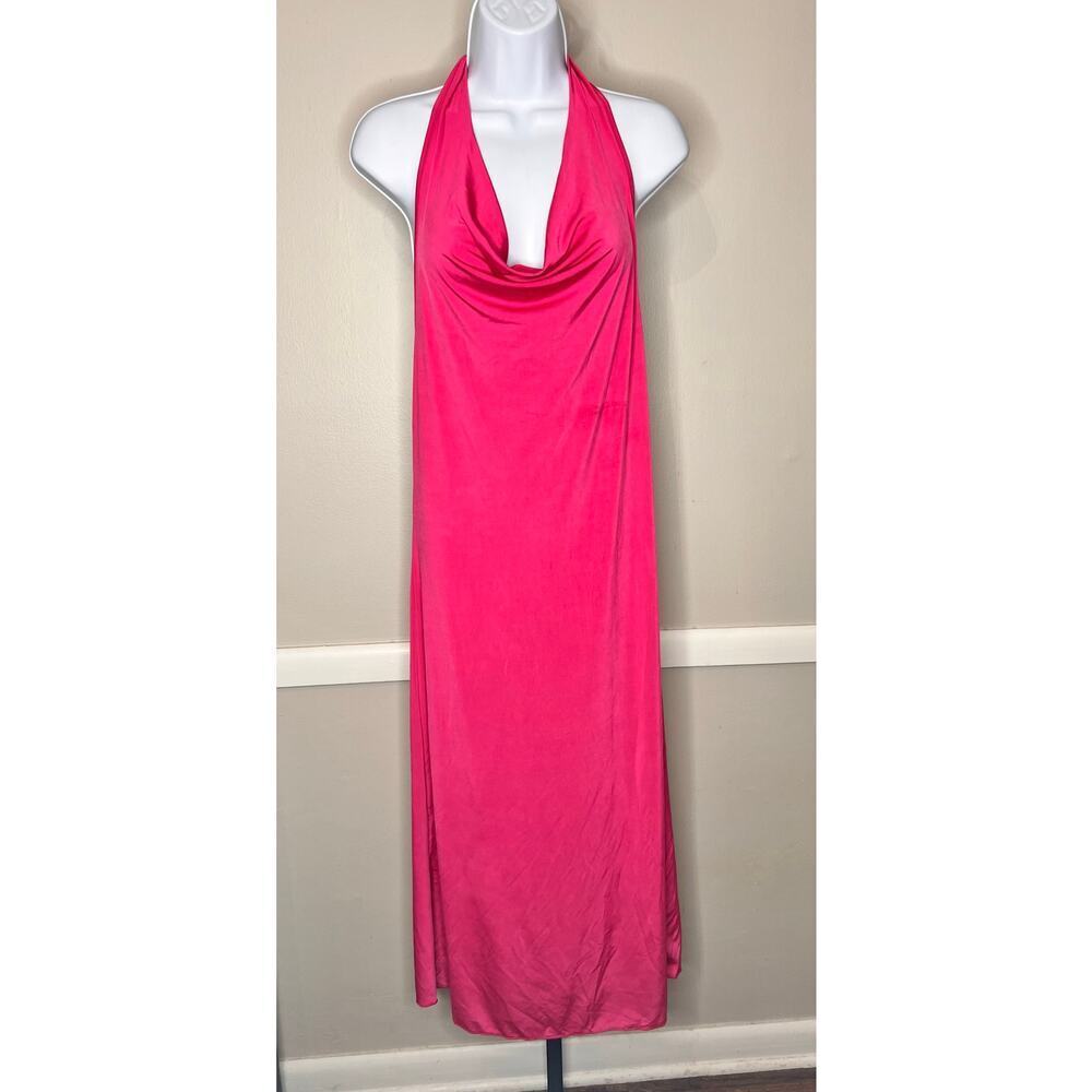 ☀️Sincerely Jules Hot Pink Halter Tie Neck Cowl Neck Slip Midi Dress Size L NWT - Picture 2 of 6